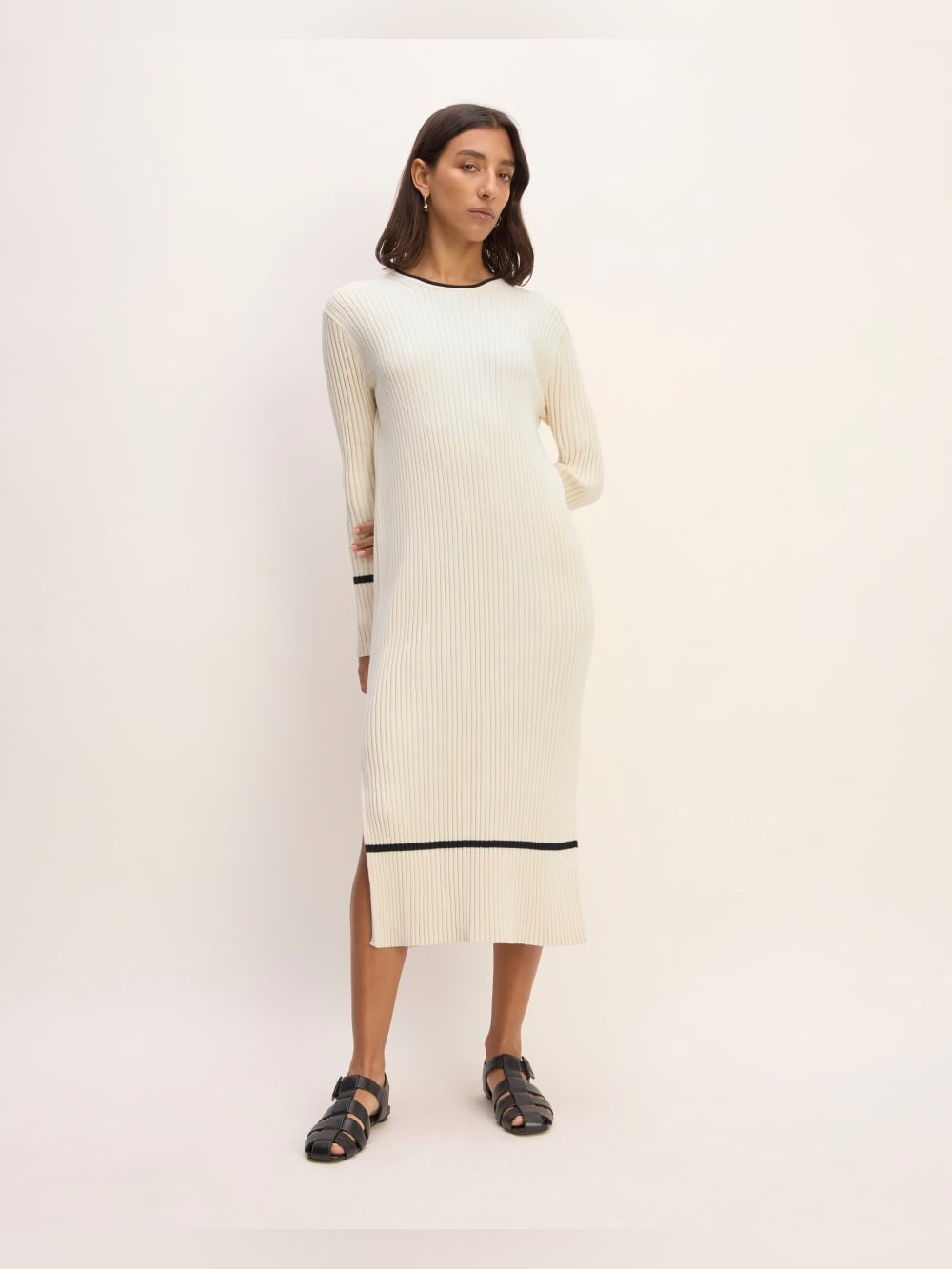 Everlane Cotton Wide Ribbed Long-Sleeve Midi Dress Cream/Canvas, size small